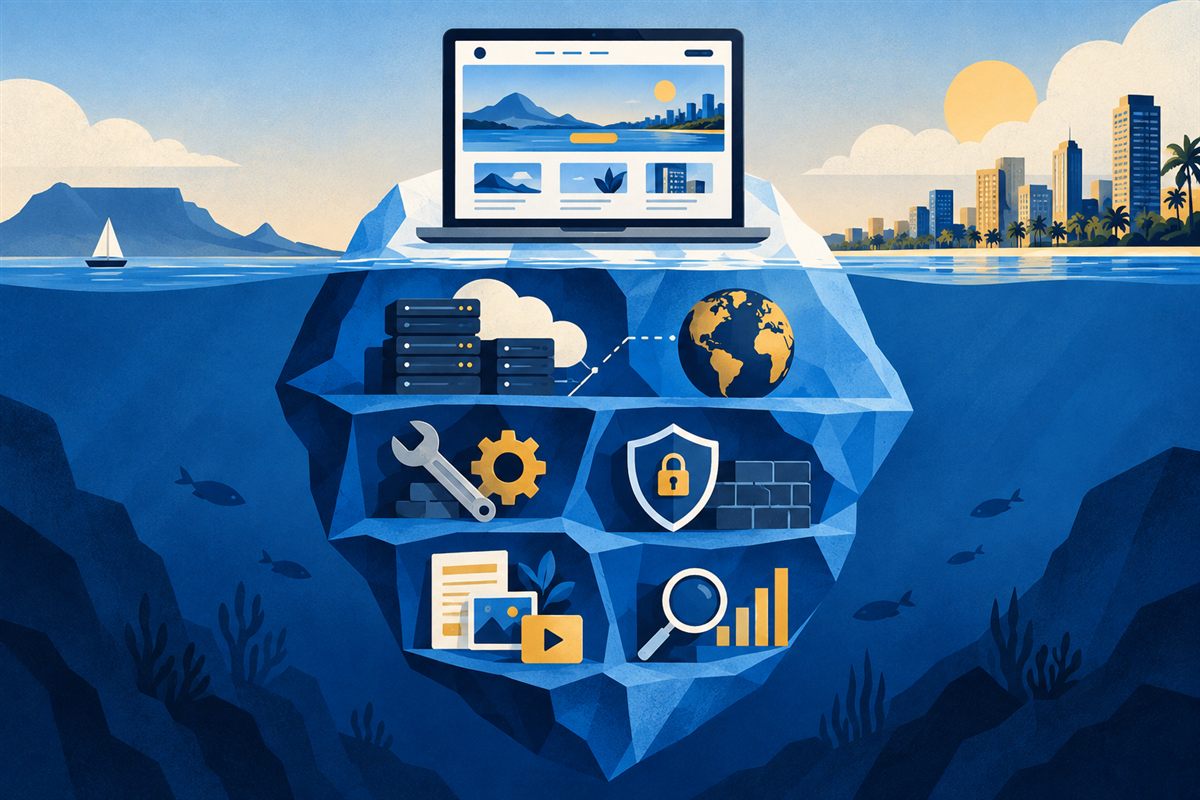 Illustration d'un site visible au-dessus de l'eau et de ses coûts techniques, éditoriaux et commerciaux sous la surface.